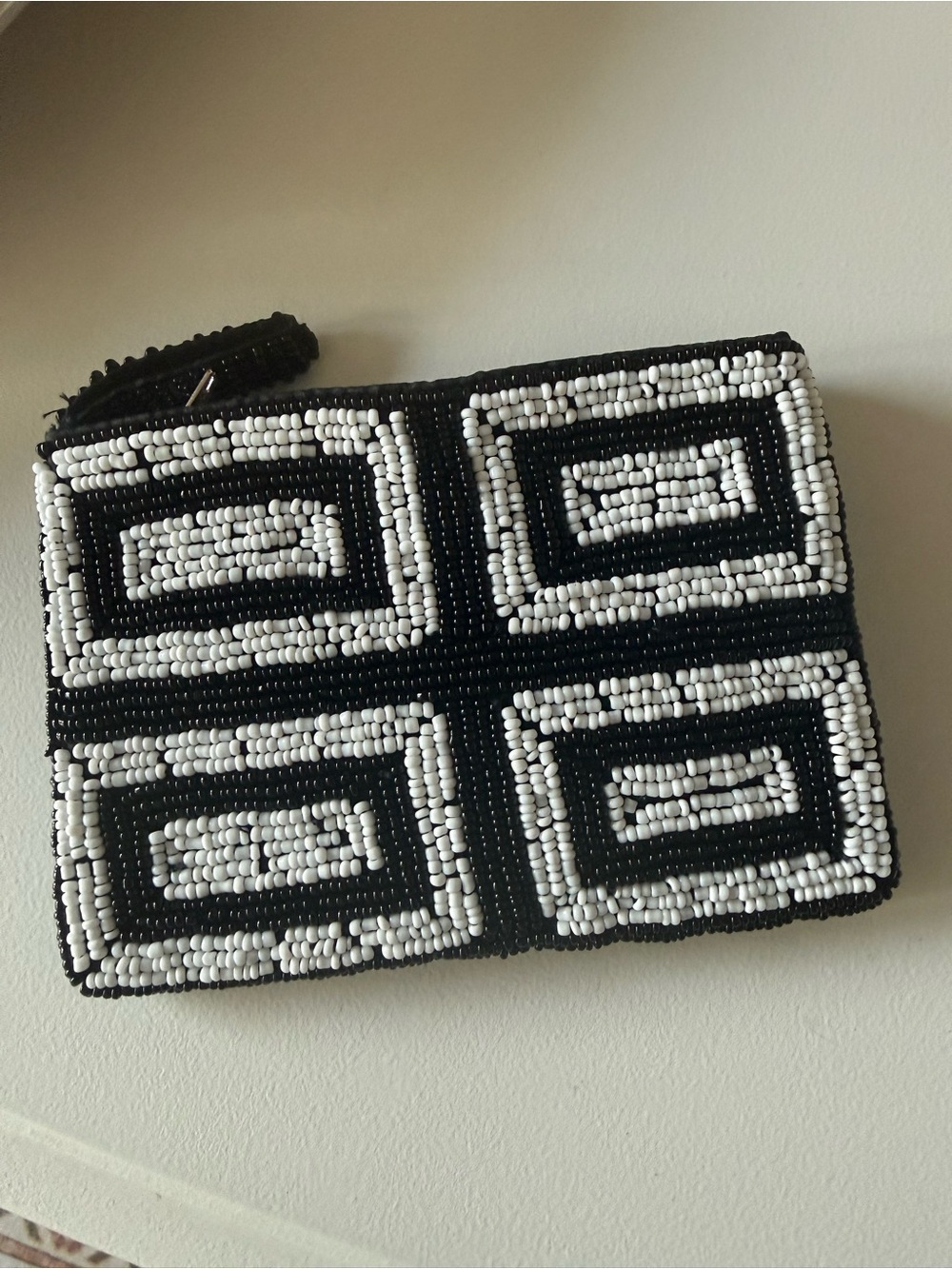 Beaded Black & White Geometric Wristlet Clutch